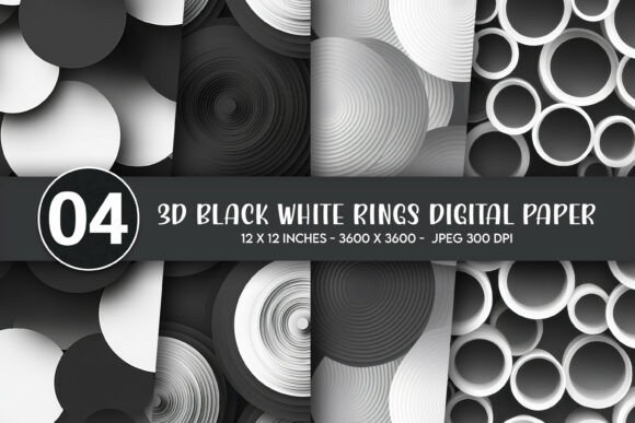 3D Black White Rings Digital Paper for Modern Design